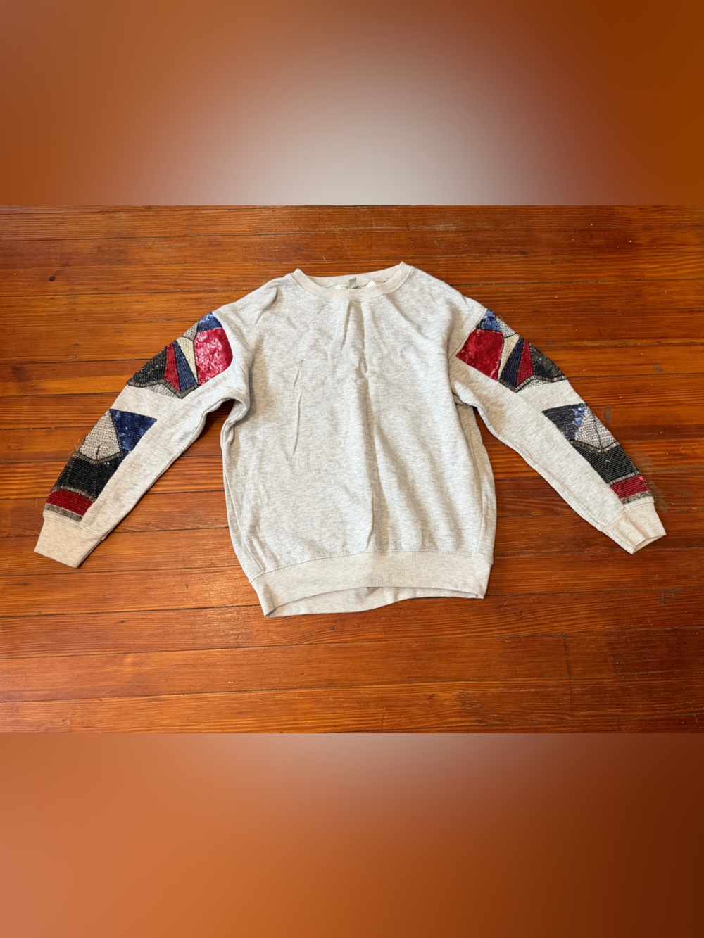 Zara Light Gray Sweatshirt with Red & Blue Sequin Sleeve Panels size Medium